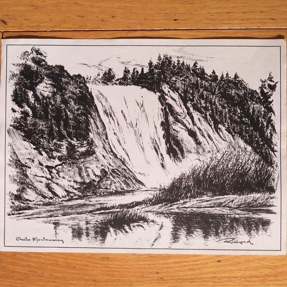 Québec Original Art Engraving Print, Chutes Montmorency Signed Richard, Canada - Picture 1 of 3